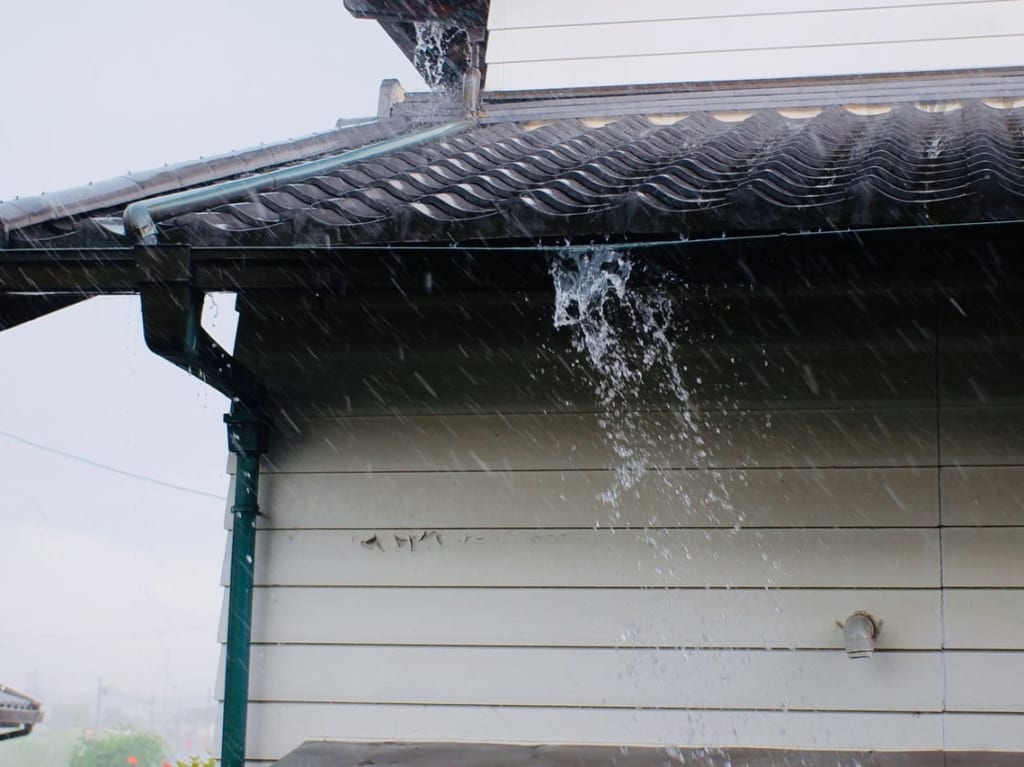 雨どいからあふれる大雨